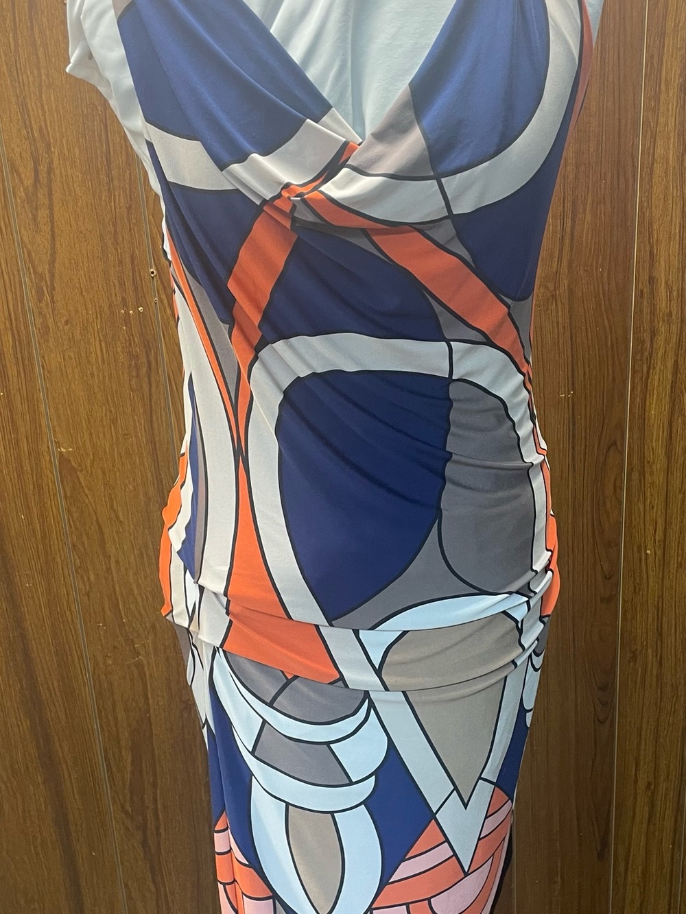 Analili Navy, Orange & Gray Geometric Twist Maxi Dress